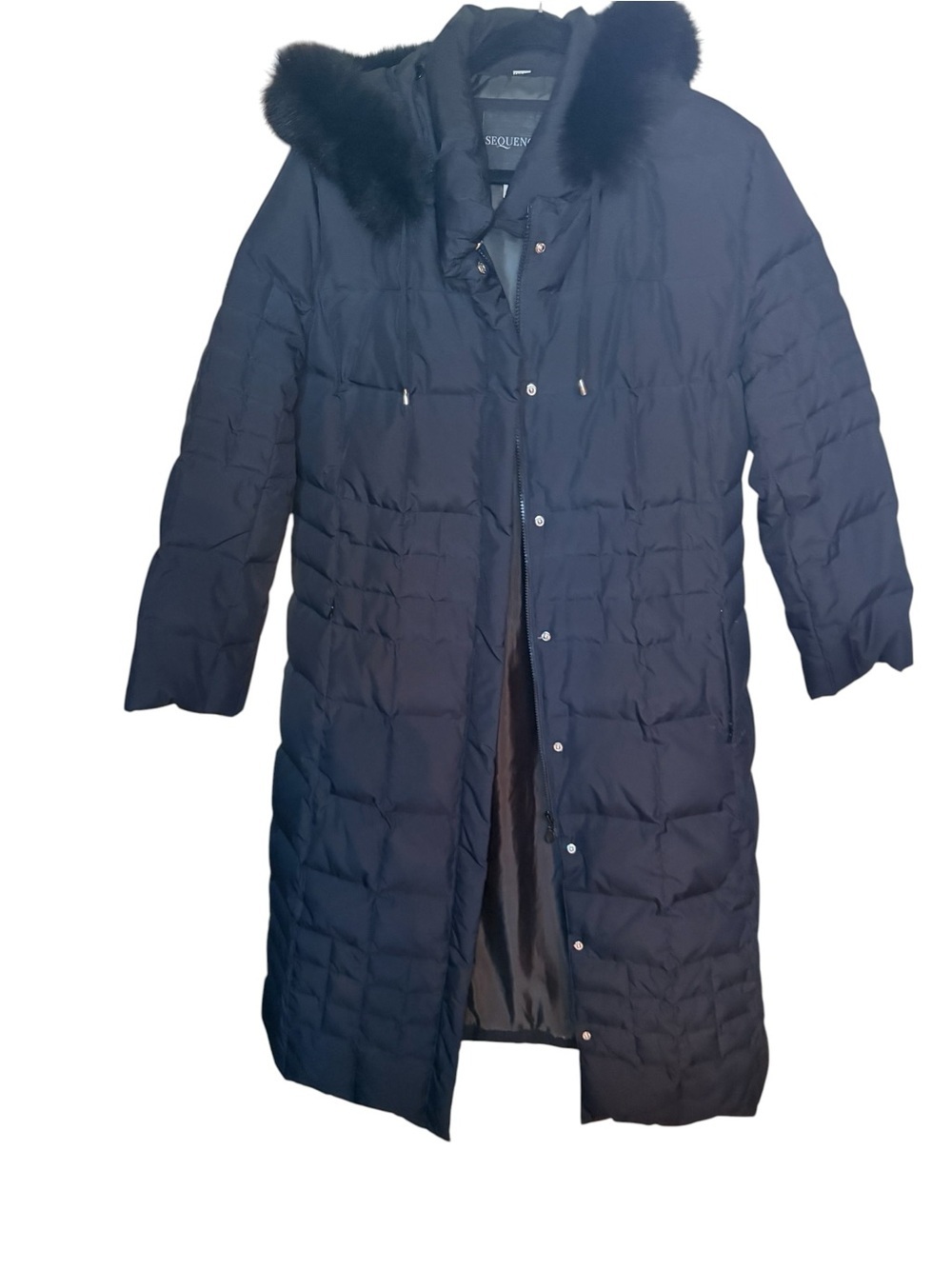 Long Quilted SEQUENCE Hooded Coat with Trim